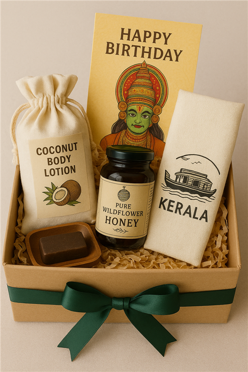 Kerala-Themed Birthday Gift Box – Coconut Body Lotion, Wildflower Honey, Handmade Soap & Greeting Card