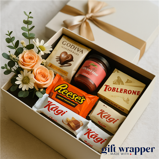 Luxury Chocolate & Candle Gift Box – Premium Hamper with Godiva, Toblerone, Reese´s & Floral Decor